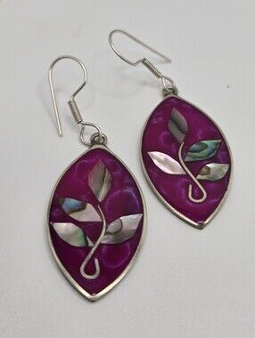 Mexican Alpaca Silver Abalone & Mother of Pearl Enamel Drop Earrings 2"